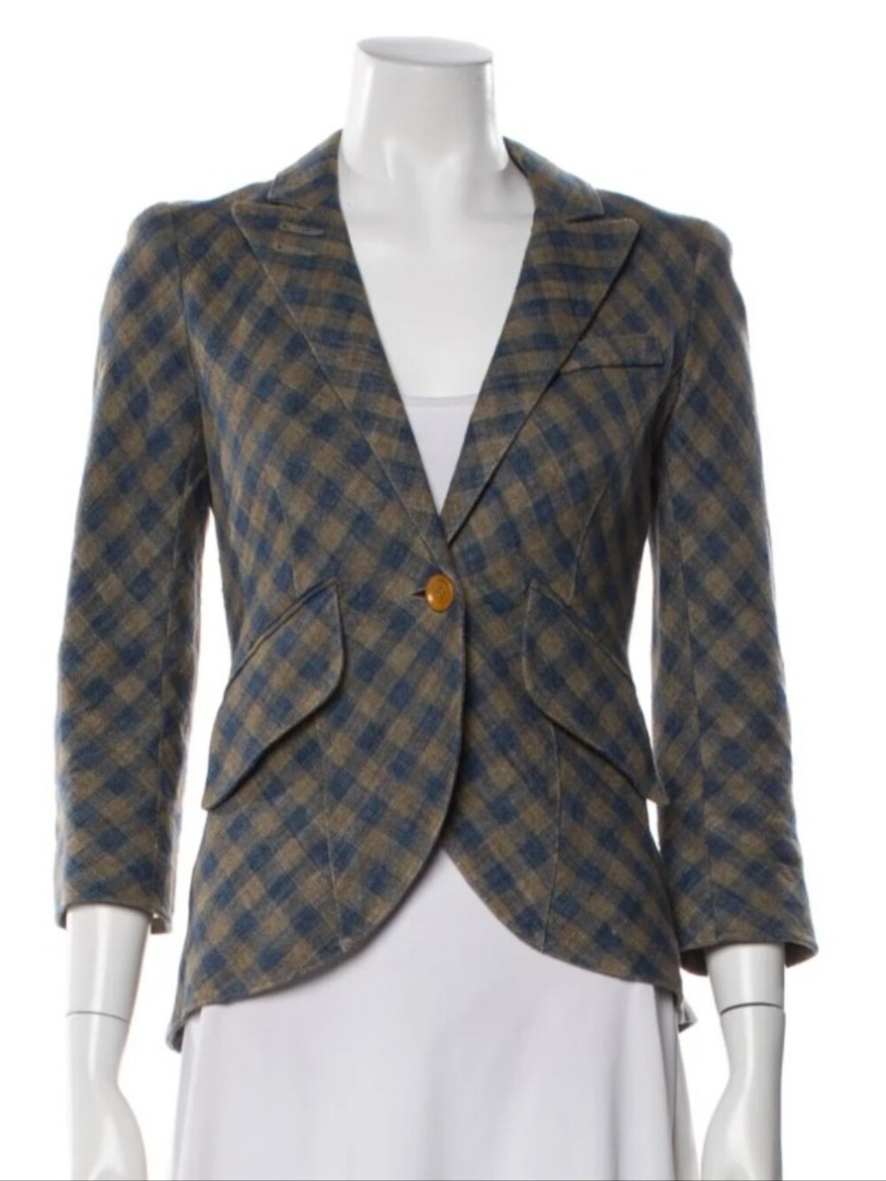 Smythe Linen Blazer Plaid Blue Single Botton Leather Elbow Patch Size 8